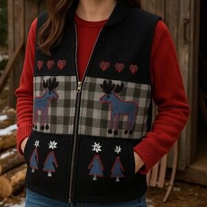 Cambridge Dry Goods Vest Plaid Moose Holiday Christmas Novelty Womens Medium